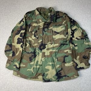Vintage M-65 Field Jacket Mens Medium Green Woodland Camo Airborne Hooded Army